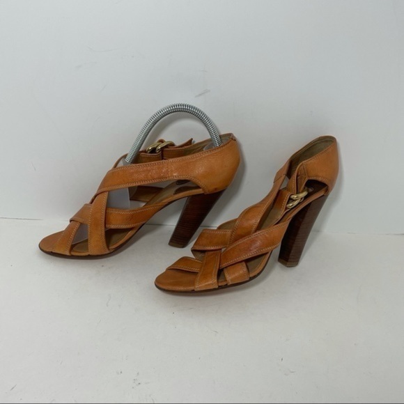 Chloe tan high heel sandals wide straps brass hardware size 10.5 B - Picture 3 of 10